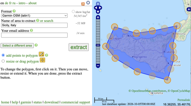 BBBike extracts service: a polygon drawn around Sicily on the map